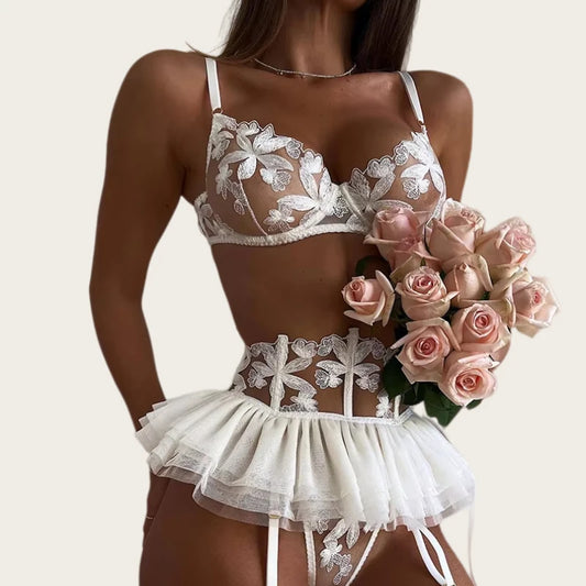 Lingerie Set Women Sexy Underwear Push Up Strappy Embroidered Mesh Sheer Lingerie Set See Through Panty Bra 3 Piece Langerie